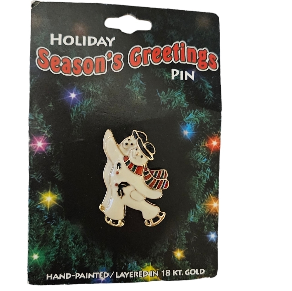NWT Vintage Holiday Season's Greetings Pin Snow‎ People Ice Skating 18 kt Gold